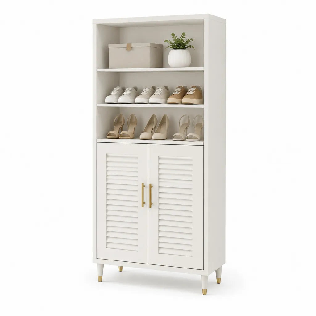 Schuhschrank mit offenen Regalen und Lamellentueren aus MDF Weiss Gold 80 x 35 x 180 cm