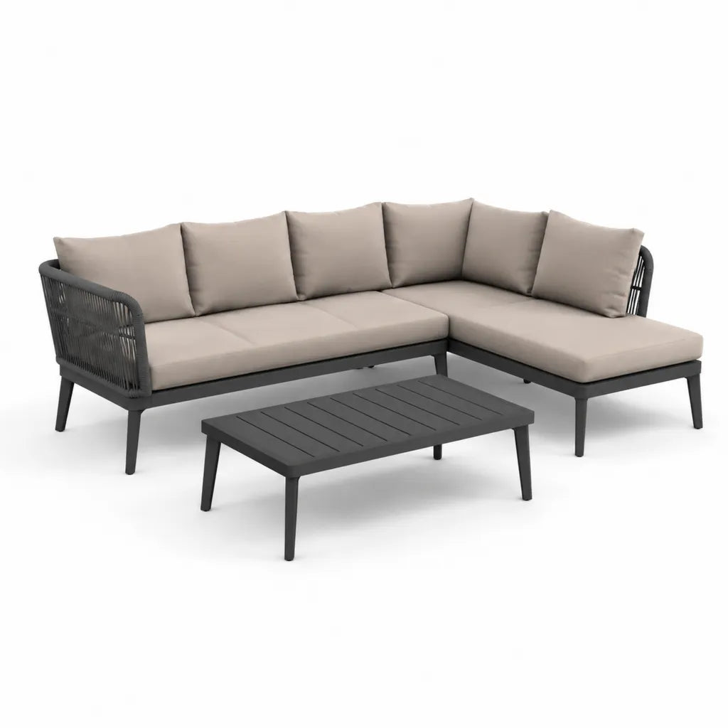 3-teiliges Gartenlounge Set Ecksofa mit Couchtisch Aluminium PE-Rattan Beige Anthrazit 220 x 150 x 70 cm