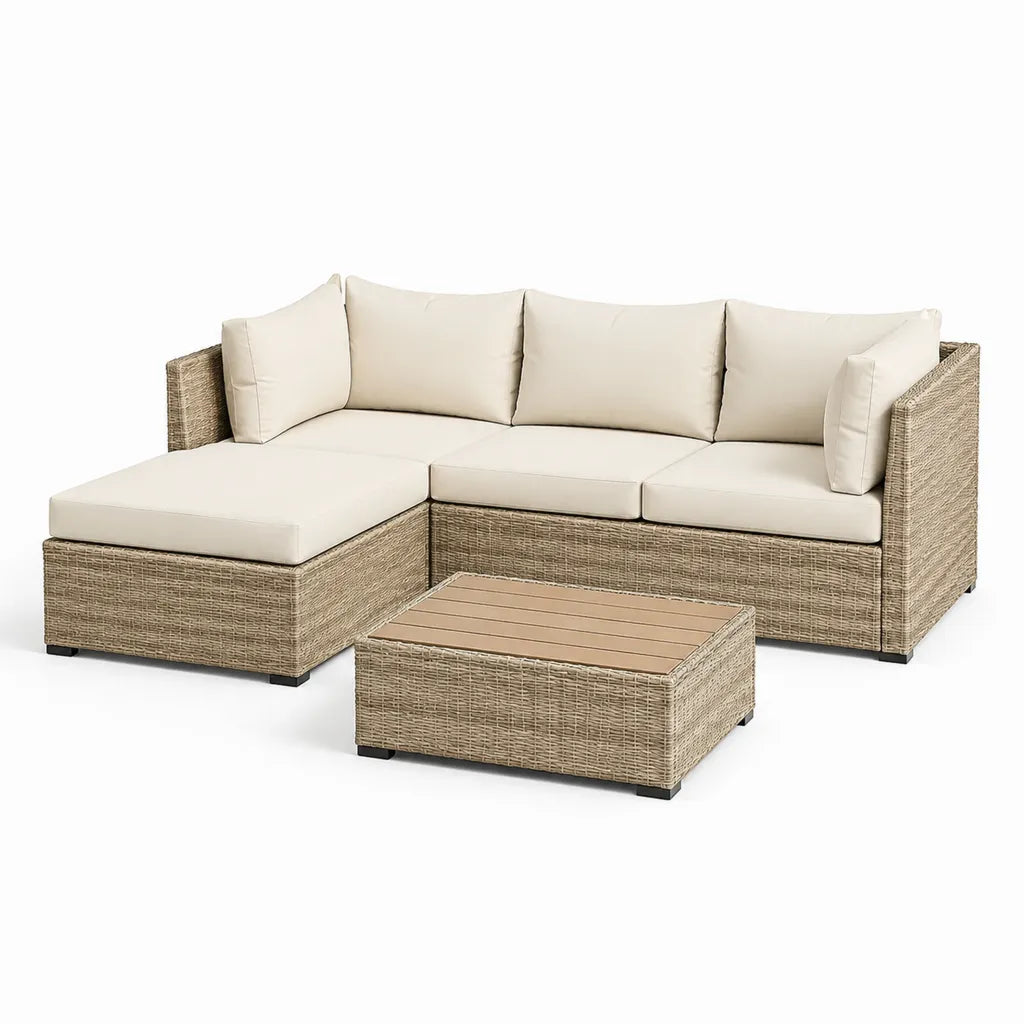 Polyrattan Gartenlounge Set 3-teilig L-Form mit Couchtisch Beige 218 x 145 x 76 cm Tisch 75 x 75 x 36 cm