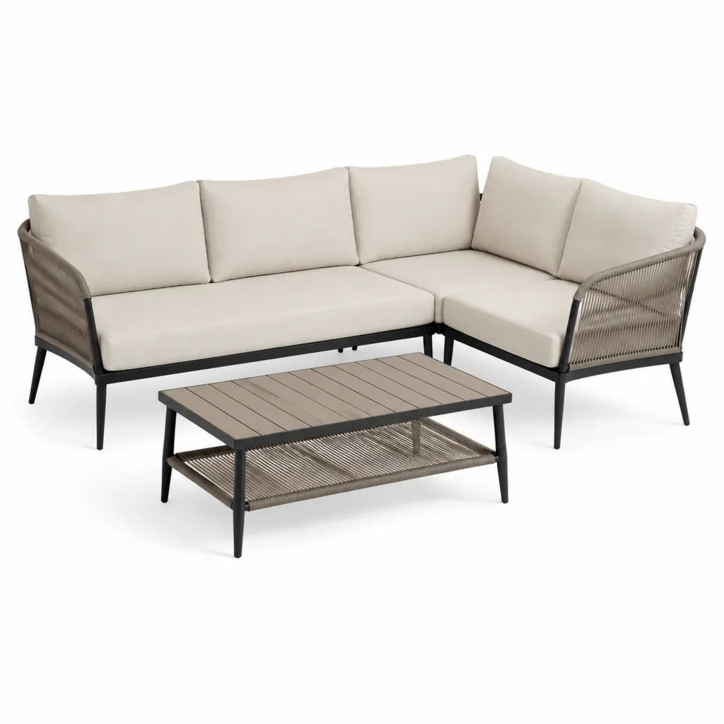 Gartenlounge Set Ecksofa mit Couchtisch Aluminium Polyester Taupe Beige 200 x 145 x 75 cm