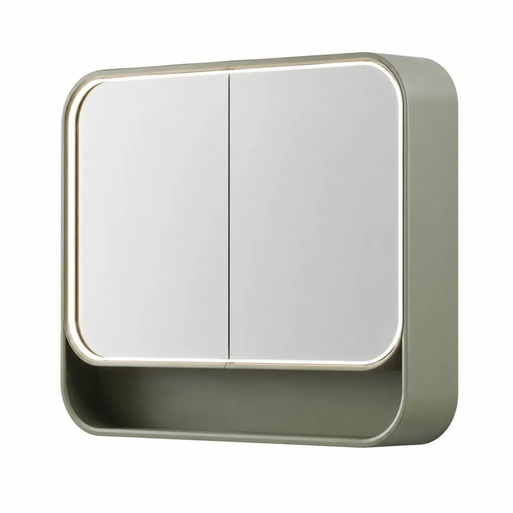 LED Spiegelschrank mit 2 Spiegeltueren Aluminium abgerundet Olivgruen 60 x 60 x 12 cm