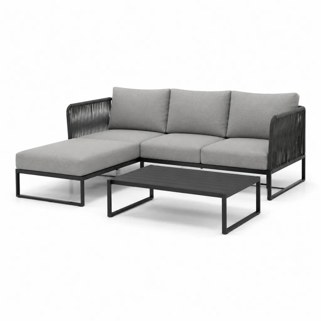 Gartenlounge Set mit Ecksofa Chaise longue und Couchtisch 220 x 145 cm Stahl Polyester Grau Schwarz