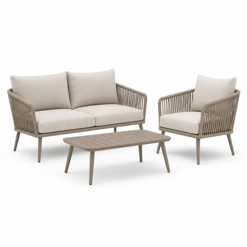 3-teiliges Gartensofa Set mit Couchtisch Aluminium Polypropylen-Seil Beige Taupe Sofa 140 x 75 x 78 cm Sessel 75 x 75 x 78 cm Tisch 100 x 60 x 42 cm