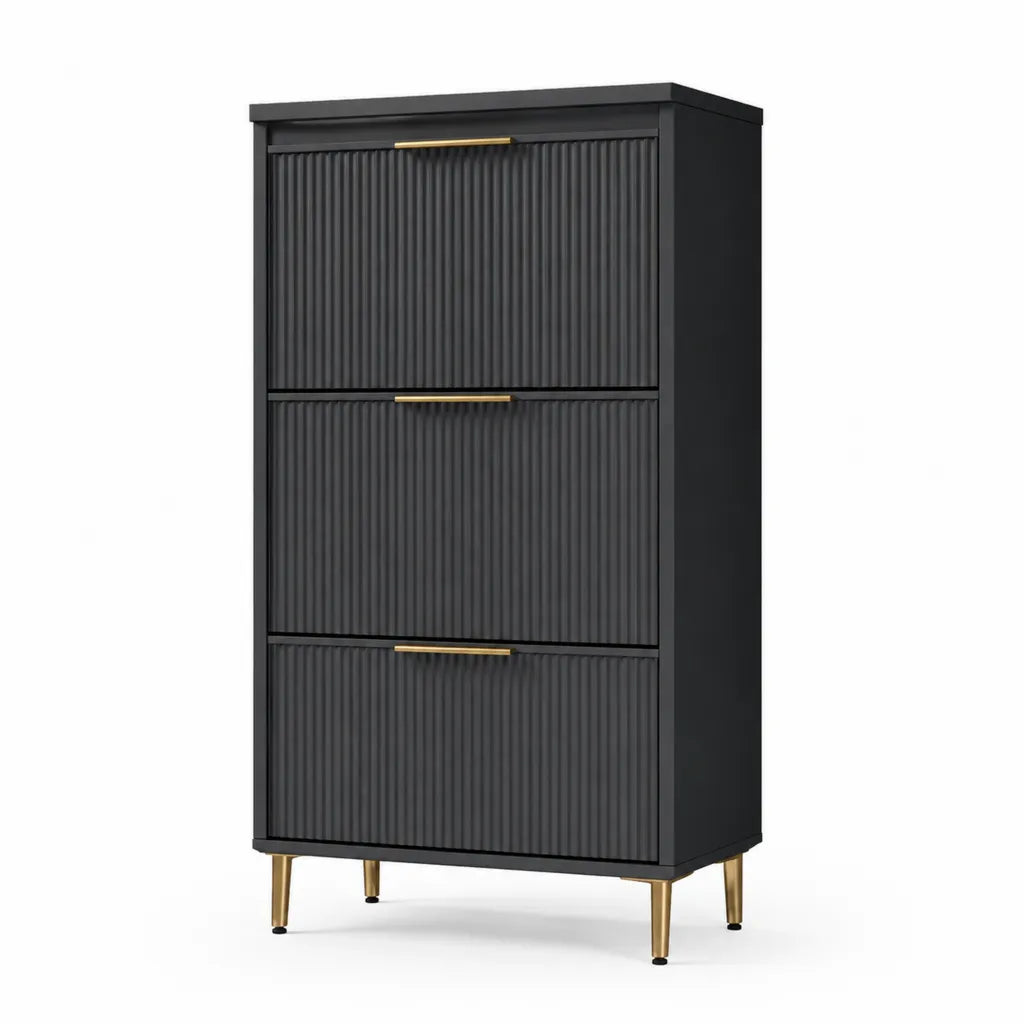 Schuhschrank Kippschrank mit 3 Klappen aus MDF und Stahl rechteckig Schwarz Goldfarben 60 x 24 x 120 cm