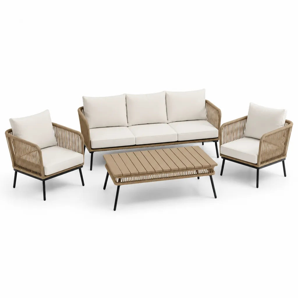 Gartenlounge Set 4-teilig mit 3-Sitzer Sofa 195 x 78 x 76 cm 2 Sesseln 72 x 78 x 76 cm und Couchtisch 120 x 60 x 42 cm Aluminium PE-Geflecht Beige Creme