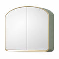LED Spiegelschrank mit 2 Spiegeltueren aus Spiegelglas und Stahl in Bogenform Gruen Gold 80 x 70 x 13 cm