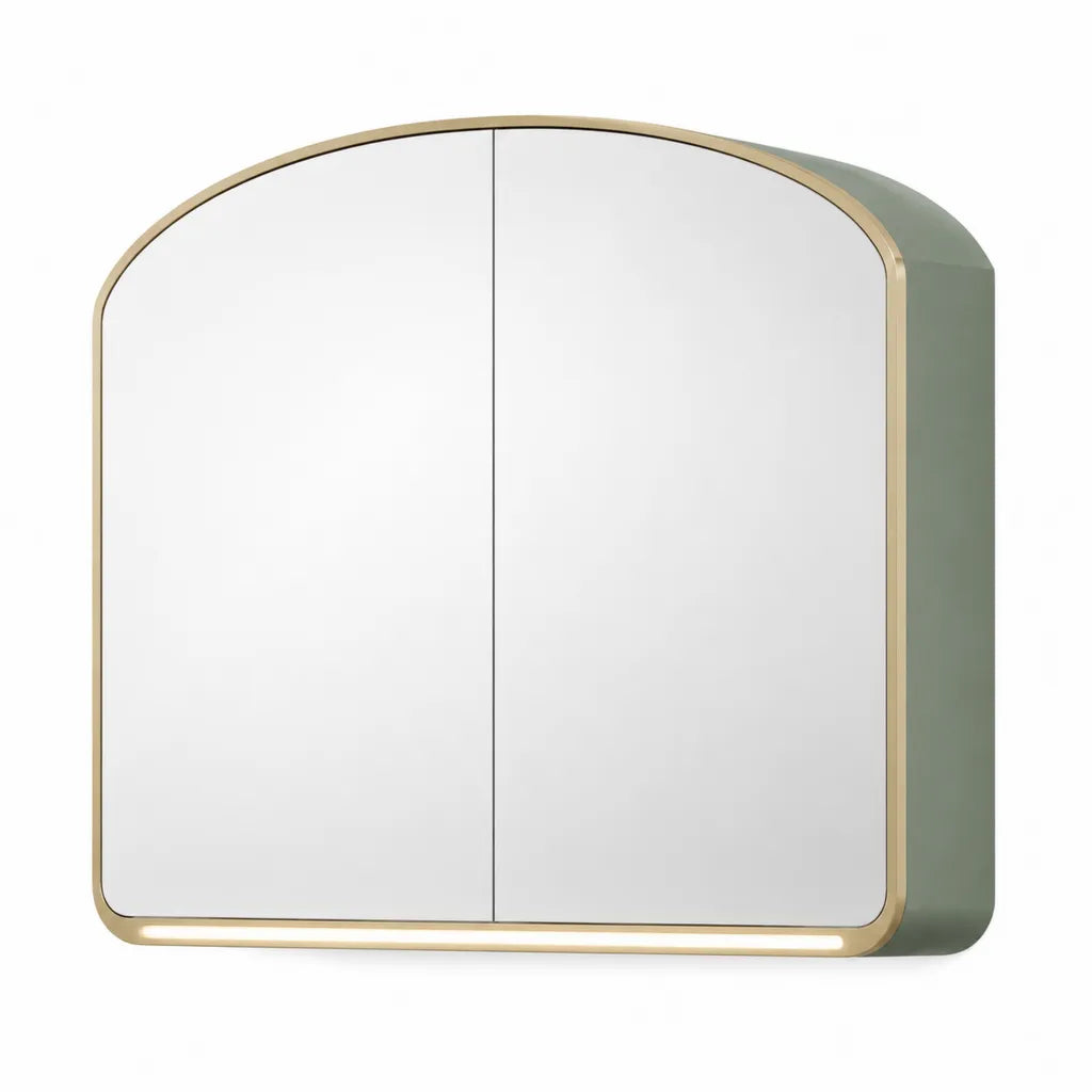 LED Spiegelschrank mit 2 Spiegeltueren aus Spiegelglas und Stahl in Bogenform Gruen Gold 80 x 70 x 13 cm