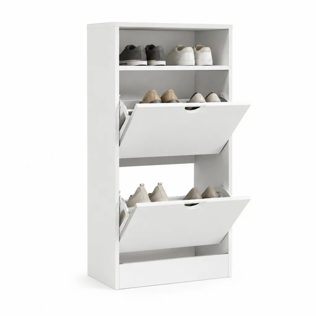 Schuhschrank mit 2 Klappen und 2 offenen Faechern aus Spanplatte Weiss 60 x 24 x 120 cm