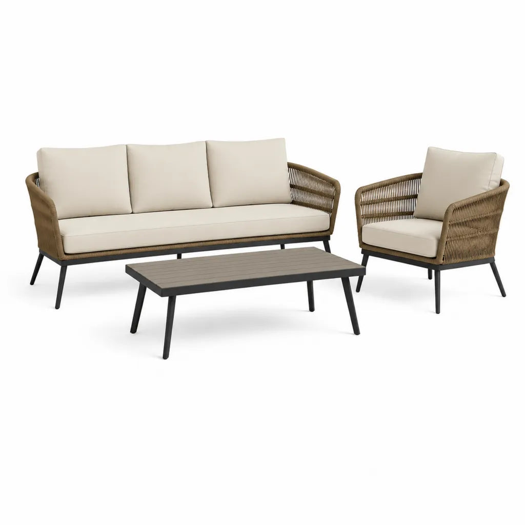 Gartenlounge Set 3-teilig mit 3-Sitzer Sofa Sessel und rechteckigem Couchtisch aus Aluminium und PE-Geflecht Beige Braun Schwarz 205 x 78 x 76 cm