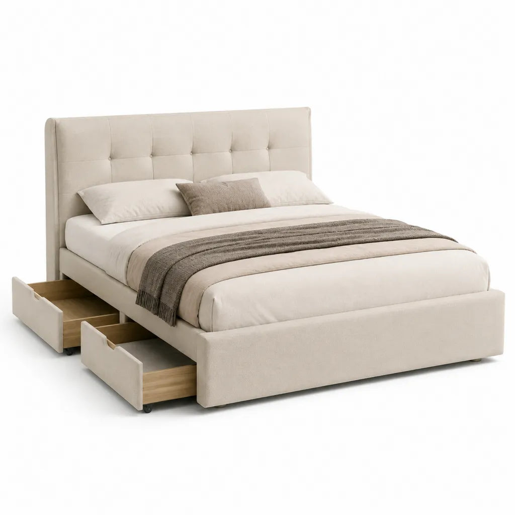 Polsterbett Stauraumbett mit 2 Schubladen 160 x 200 cm Polyester Beige