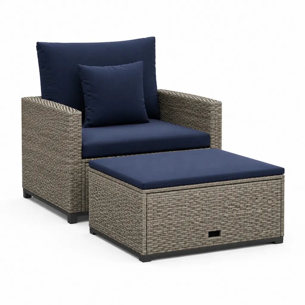 Gartenlounge Sessel Set mit Fusshocker Polyrattan rechteckig Grau Dunkelblau 85 x 90 x 90 cm