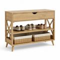 Schuhschrank aus Bambus mit Schublade und 2 Weidenkoerben rechteckig natur 100 x 35 x 90 cm