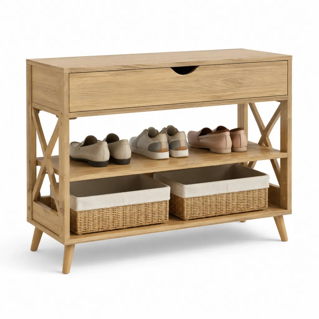 Schuhschrank aus Bambus mit Schublade und 2 Weidenkoerben rechteckig natur 100 x 35 x 90 cm